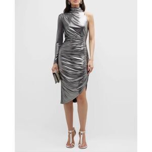 One33 Social Silver Metallic One Shoulder Ruched Midi Dress Size 2